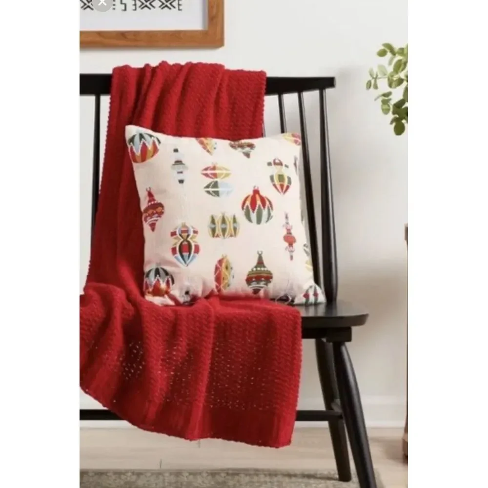 Threshold Christmas Throw Pillow Square Blush Multicolored Embroidered Ornaments